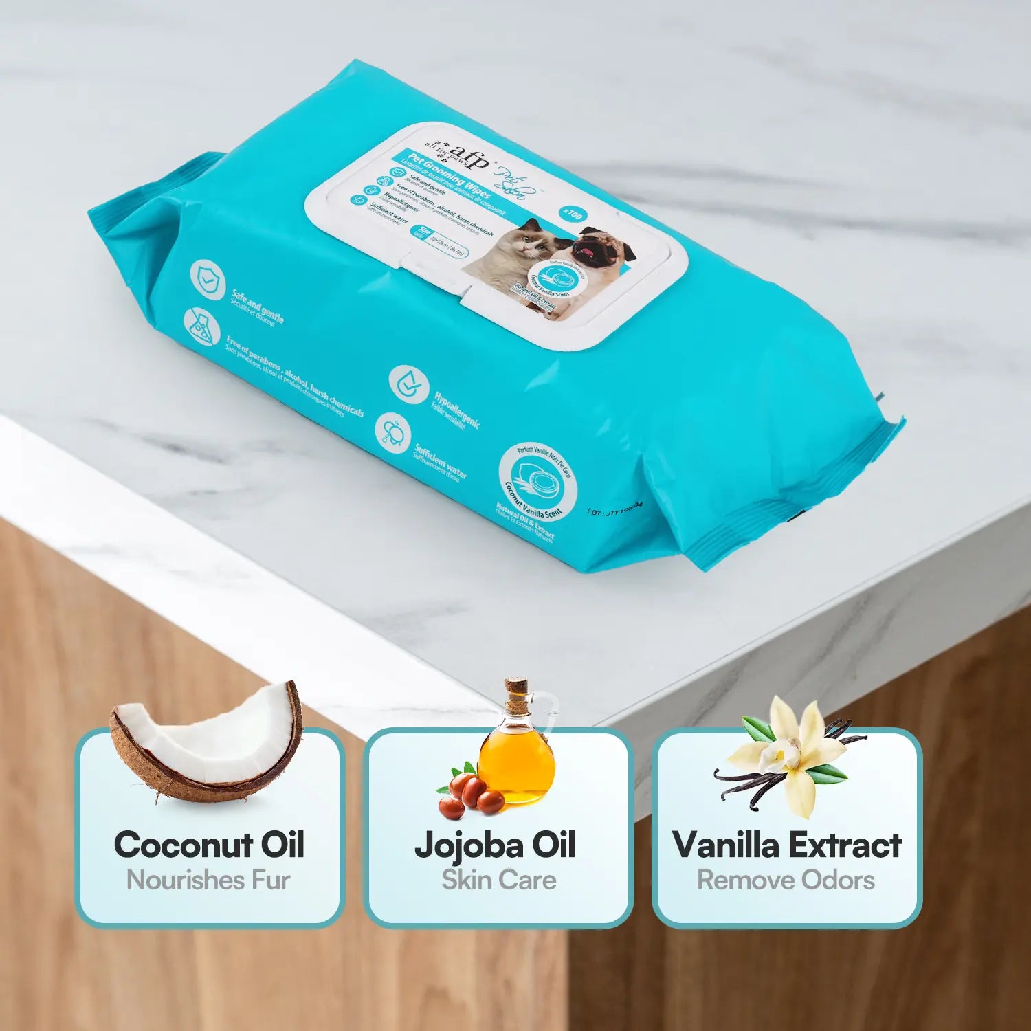Allforpaws Coconut Vanilla Scented Pet Grooming Wipes - 100 Alcohol-Free Jumbo Deodorizing Wipes with Jojoba and Coconut Oils for Safe Hydration and Odor Control