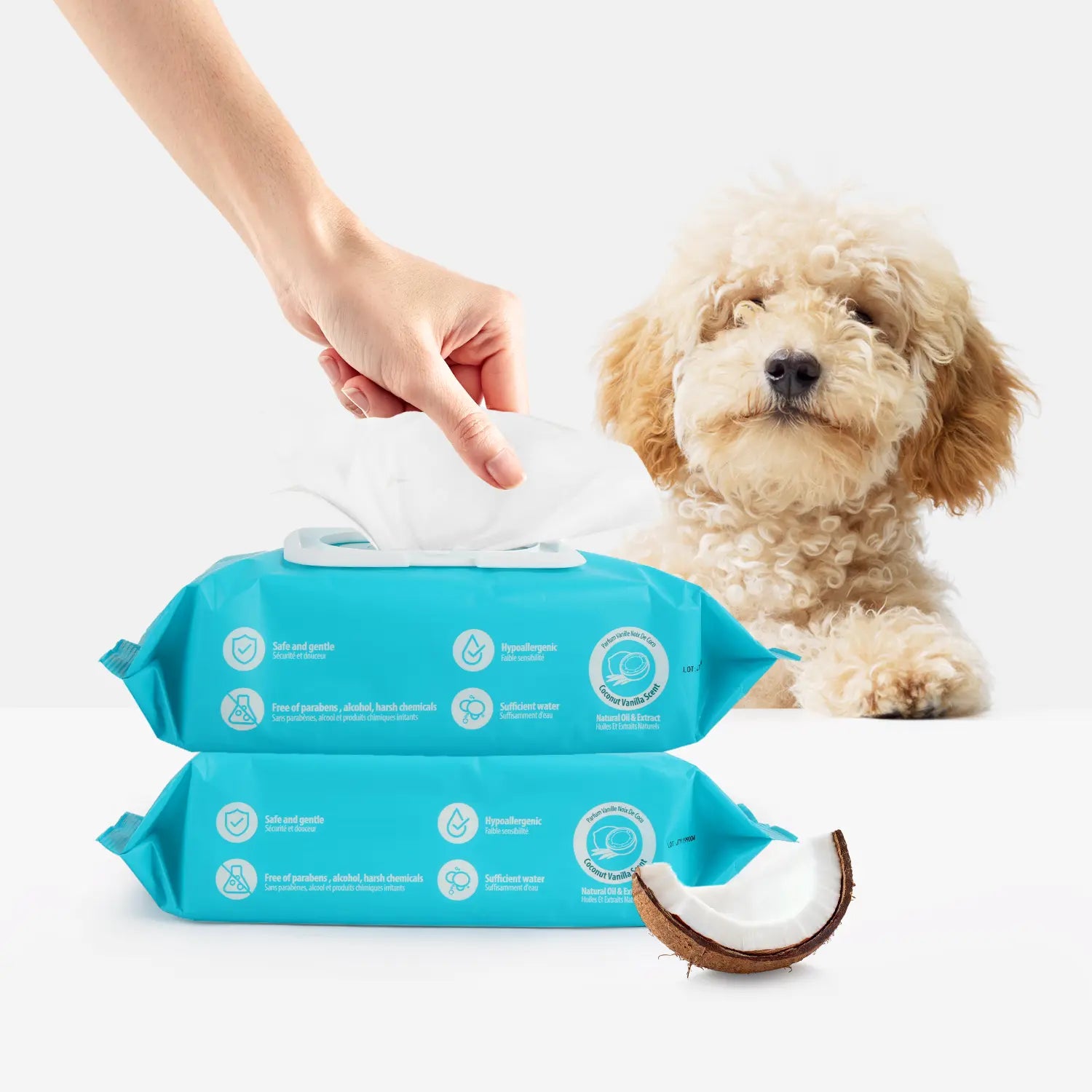Allforpaws Coconut Vanilla Scented Pet Grooming Wipes - 100 Alcohol-Free Jumbo Deodorizing Wipes with Jojoba and Coconut Oils for Safe Hydration and Odor Control